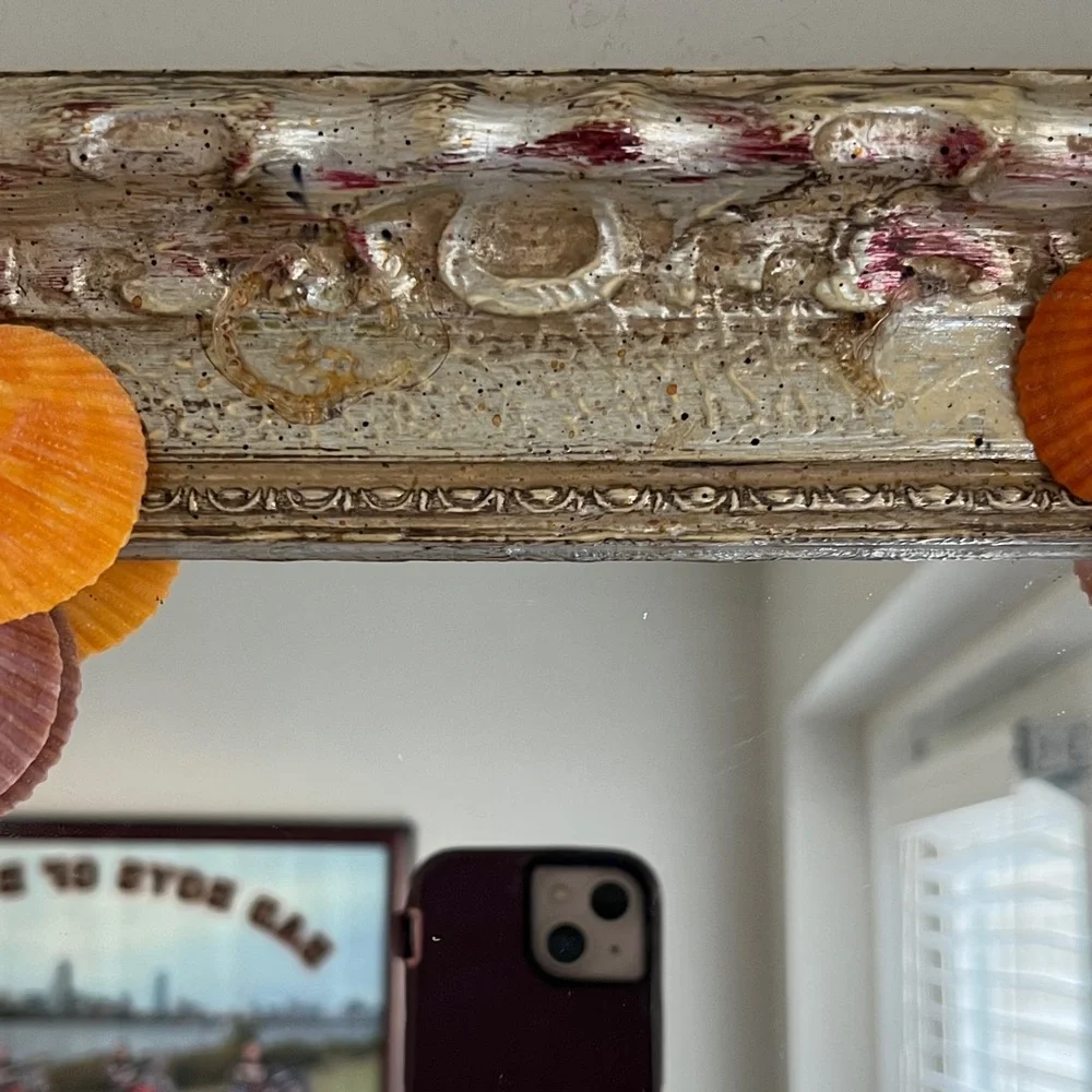 Antique Mirror Coastal Decor Colorful Shells Glass Starfish Handmade 12 x 12